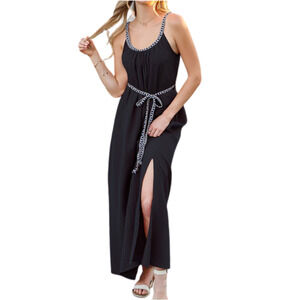 Ninexis Sz XL Braided Trim Black Maxi Waist Tie Light Effortless Dress Side Slip